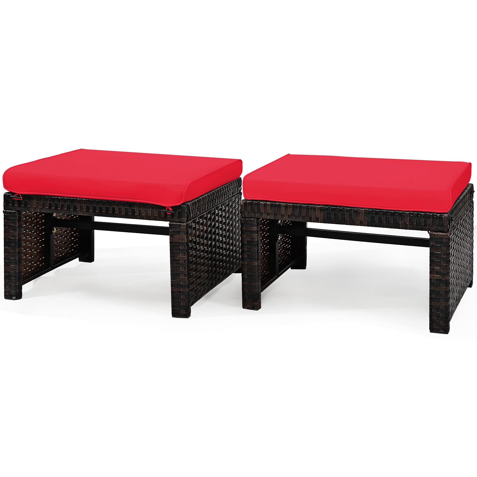 2 Pieces Patio Rattan Ottomans, All Weather Outdoor Footstool Footrest Seat